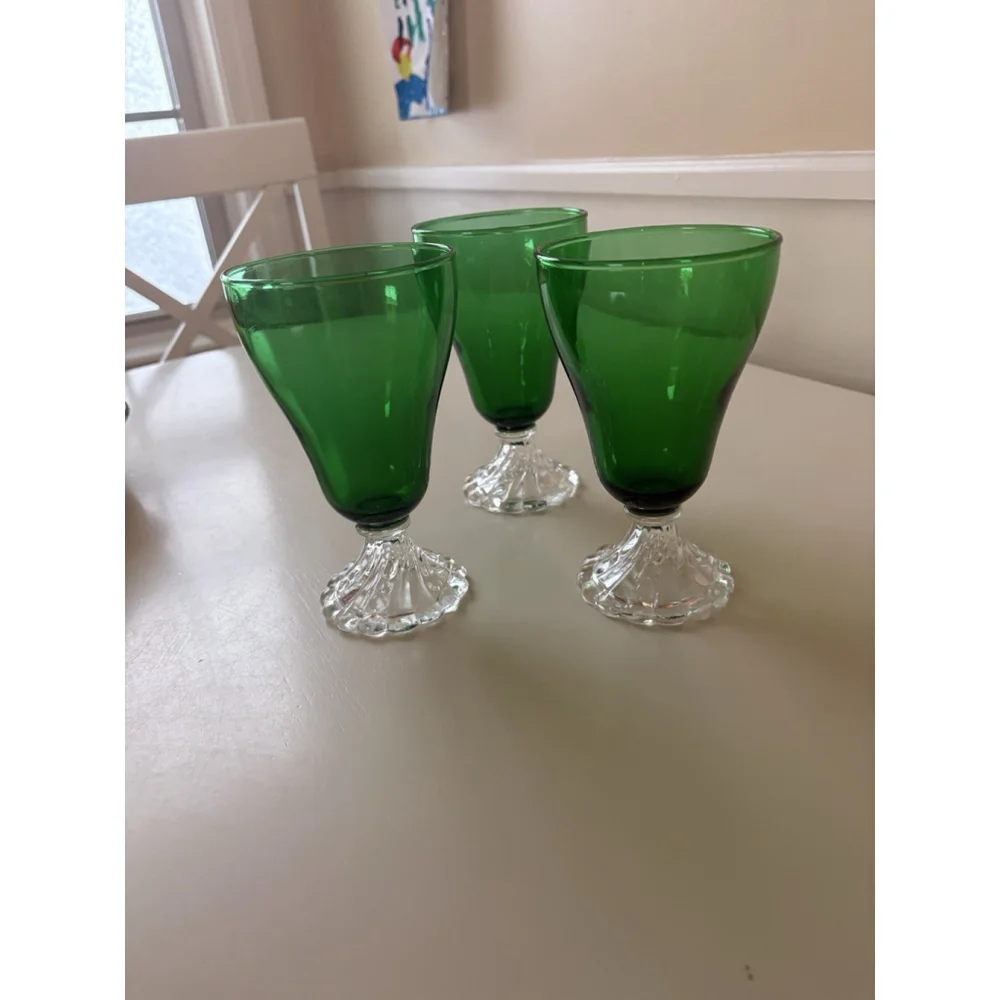Set Of 3 Vintage Anchor Hocking Burple Inspiration Green Footed Glasses